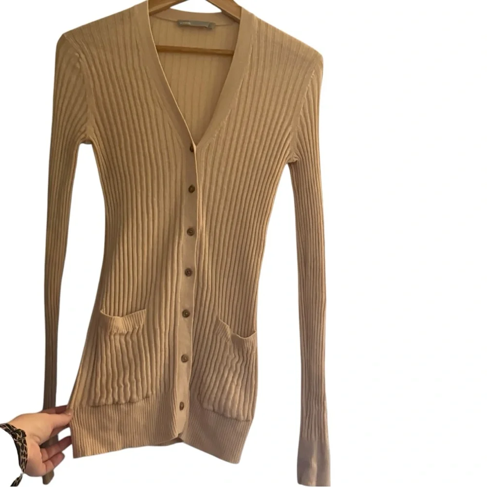VINCE Skinny Ribbed 100% Cashmere Soft Button Down Beige Cardigan Women’s Medium - Picture 4 of 12